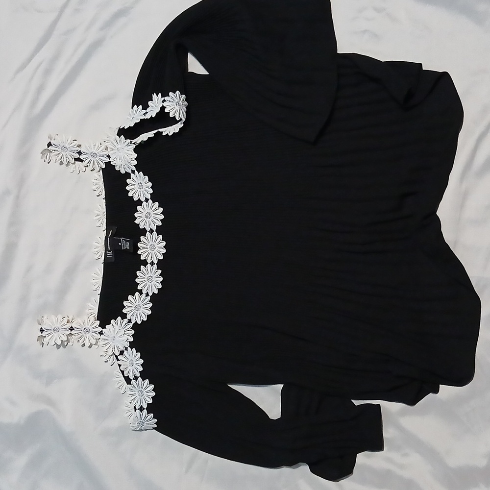 INC International Concepts Black Off-Shoulder Blouse with White Floral Accents